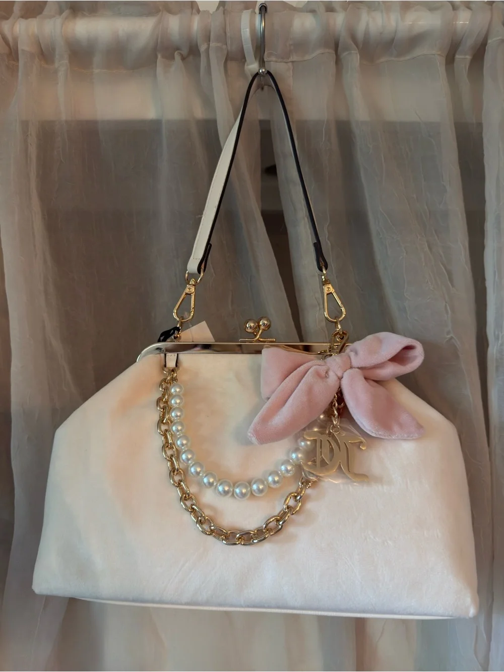 Juicy Couture Cream & Pink Pearl-Trim Satchel with Gold Chain
